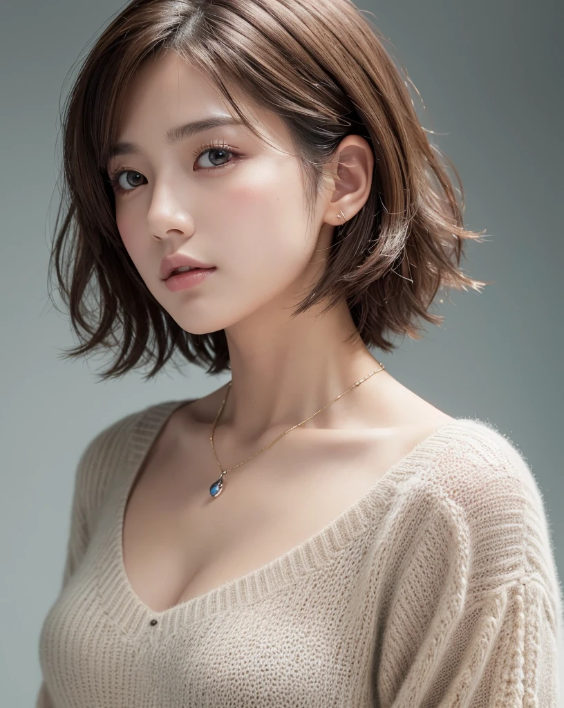 (Highest quality、8k、32K、masterpiece、Hmph:1.2)、cute日本人女性の写真、Young Girl,Big ample breasts、Very short bob hair、Upper body、Face Focus、Extra Large_sweater、necklace、Simple Background、From above、View Viewerix4、(8k、RAW Photos、Highest quality、masterpiece:1.2)、(Realistic、Photorealistic:1.37)、One Girl、cute、Professional Lighting、Photon Mapping、Physically Based Rendering、Gradient brunette hair、Short Curly Hair、Handsome、Girlish、Excellent image quality、High resolution、1080P、(Clear Face)、(Detailed face description)、(Detailed hand description)、(Masseter muscle area)、(Exquisite CGI)、 Extreme light and shadow、My hair is messy、masterpiece、Rich details、(Exquisite facial features)、(Best image quality)、(masterpiece)、(Detailed eyes)、I look forward to seeing you、Delicate clavicle、Various poses、Don'don't watch mela、