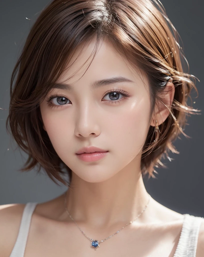 (Highest quality、8k、32K、masterpiece、Hmph:1.2)、cute日本人女性の写真、Young Girl,Big ample breasts、Very short bob hair、Upper body、Face Focus、Extra Large_sweater、necklace、Simple Background、From above、View Viewerix4、(8k、RAW Photos、Highest quality、masterpiece:1.2)、(Realistic、Photorealistic:1.37)、One Girl、cute、Professional Lighting、Photon Mapping、Physically Based Rendering、Gradient brunette hair、Short Curly Hair、Handsome、Girlish、Excellent image quality、High resolution、1080P、(Clear Face)、(Detailed face description)、(Detailed hand description)、(Masseter muscle area)、(Exquisite CGI)、 Extreme light and shadow、My hair is messy、masterpiece、Rich details、(Exquisite facial features)、(Best image quality)、(masterpiece)、(Detailed eyes)、I look forward to seeing you、Delicate clavicle、Various poses、Don'don't watch mela、