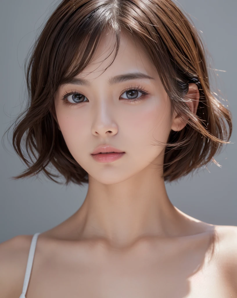 (Highest quality、8k、32K、masterpiece、Hmph:1.2)、cute日本人女性の写真、Young Girl,Big ample breasts、Very short bob hair、Upper body、Face Focus、Extra Large_sweater、necklace、Simple Background、From above、View Viewerix4、(8k、RAW Photos、Highest quality、masterpiece:1.2)、(Realistic、Photorealistic:1.37)、One Girl、cute、Professional Lighting、Photon Mapping、Physically Based Rendering、Gradient brunette hair、Short Curly Hair、Handsome、Girlish、Excellent image quality、High resolution、1080P、(Clear Face)、(Detailed face description)、(Detailed hand description)、(Masseter muscle area)、(Exquisite CGI)、 Extreme light and shadow、My hair is messy、masterpiece、Rich details、(Exquisite facial features)、(Best image quality)、(masterpiece)、(Detailed eyes)、I look forward to seeing you、Delicate clavicle、Various poses、Don'don't watch mela、