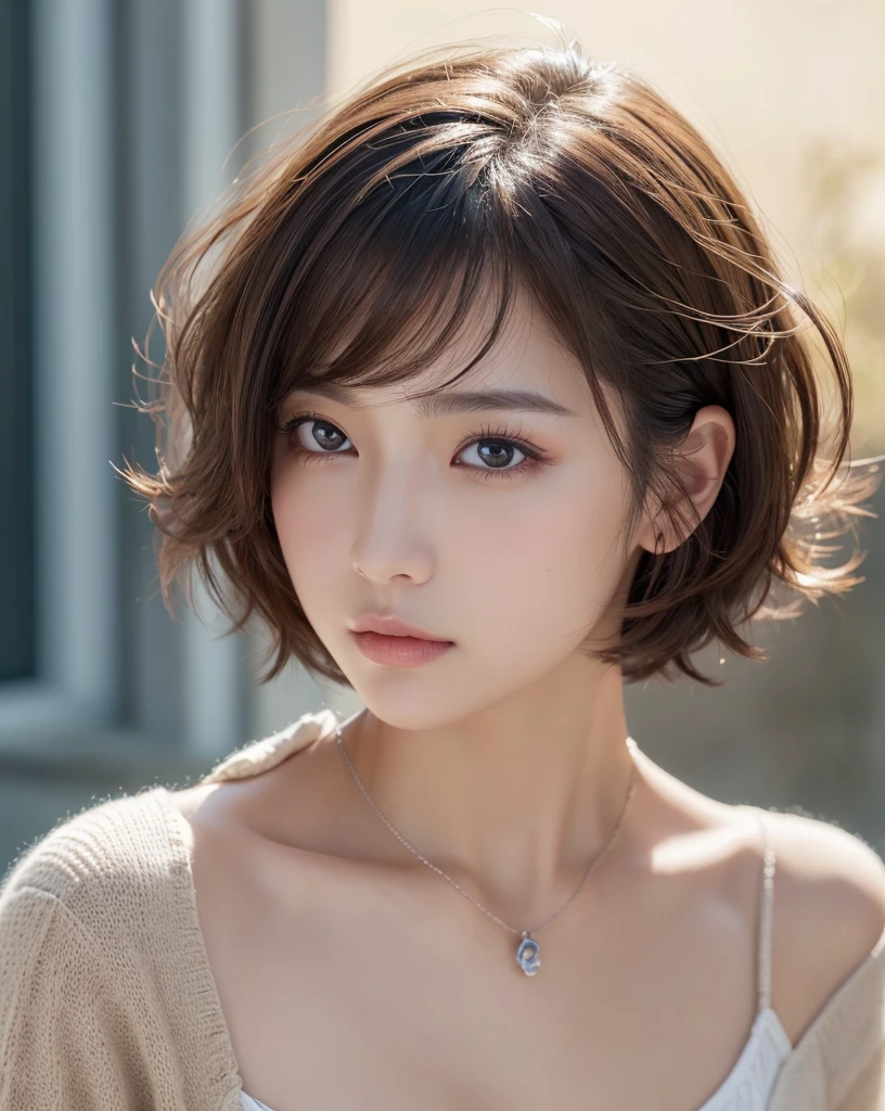 (Highest quality、8k、32K、masterpiece、Hmph:1.2)、cute日本人女性の写真、Young Girl,Big ample breasts、Very short bob hair、Upper body、Face Focus、Extra Large_sweater、necklace、Simple Background、From above、View Viewerix4、(8k、RAW Photos、Highest quality、masterpiece:1.2)、(Realistic、Photorealistic:1.37)、One Girl、cute、Professional Lighting、Photon Mapping、Physically Based Rendering、Gradient brunette hair、Short Curly Hair、Handsome、Girlish、Excellent image quality、High resolution、1080P、(Clear Face)、(Detailed face description)、(Detailed hand description)、(Masseter muscle area)、(Exquisite CGI)、 Extreme light and shadow、My hair is messy、masterpiece、Rich details、(Exquisite facial features)、(Best image quality)、(masterpiece)、(Detailed eyes)、I look forward to seeing you、Delicate clavicle、Various poses、Don&#39;don&#39;t watch mela、