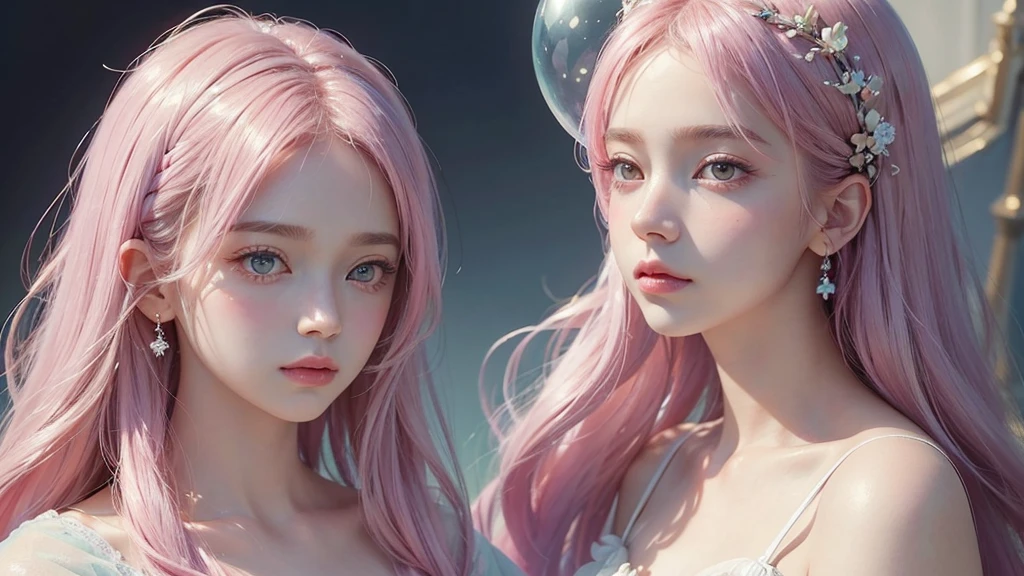 ((masterpiece)). This work is dreamy and fantastical., Soft pink watercolor shades. Generates delicate magical women exploring the bubble gum world in a variety of pastel colors. Her sweet face is extremely detailed and realistic with elegant, Mature features, Puffy, Big lips and stunning, Extremely realistic eyes. Her eyes are important、Be realistic, Very detailed, And it&#39;s beautiful. High resolution and detail, Include many details like stars, Milky Way, Colorful bubbles, Colorful petals, And a lot of energy and emotion! Stars and colorful bubblegum bubbles are important! Include fantasy details, Enhanced Details, iris, Colorful sparkling wind, And pollen. Pay special attention to her face、Make sure it&#39;s beautiful and realistic in detail。. The image is dreamy、It has to be fantastical..8k, Complex, elegant, Very detailed, Majestic, Digital photography, Noble Hair