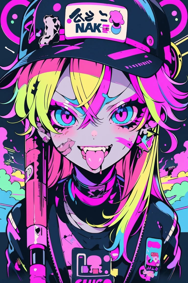 anime girl with a cap and a nask, blond hair, street background in neon pink and blue colors, scars, stickers, smirk face, open mouth, tongue out