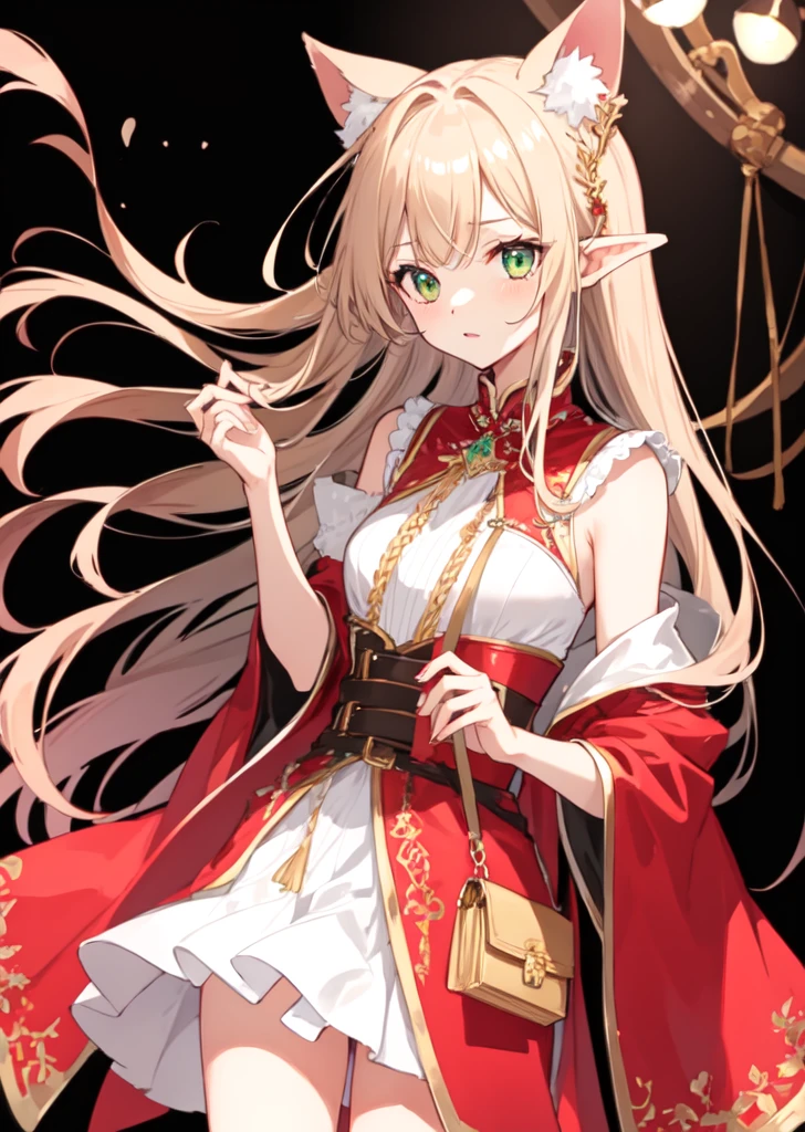 Elf Ears、Red and white national costume、Green long hair、Leather pochette、