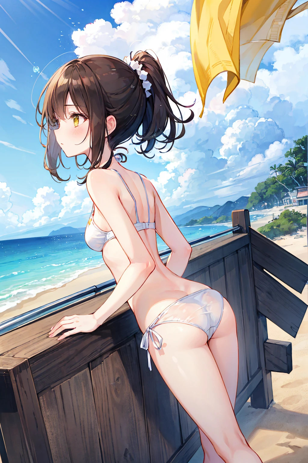 (masterpiece), (Highest quality), (Very detailed), (Beautiful illustrations), (pretty girl), 1 girl, Black Hair, short hair, Yellow Eyes, s old, White Bikini, White Side Tie Bikini Bottom, Embarrassed look, blush, Beach, sunny, ((Highest quality)), (Very detailed), (High-definition CG synthesis 8K wallpaper), 高いly detailed, 高い-definition raw color photos, Professional photography, Written boundary depth,Small breasts,high school girl ,16 yearrown hair ponytail,French kiss, barefoot,Underwear visible,Fingers in the crotch,Small breasts,Small Ass,Beautiful profile,Clear body,Defined nose,Anatomically correct limbs