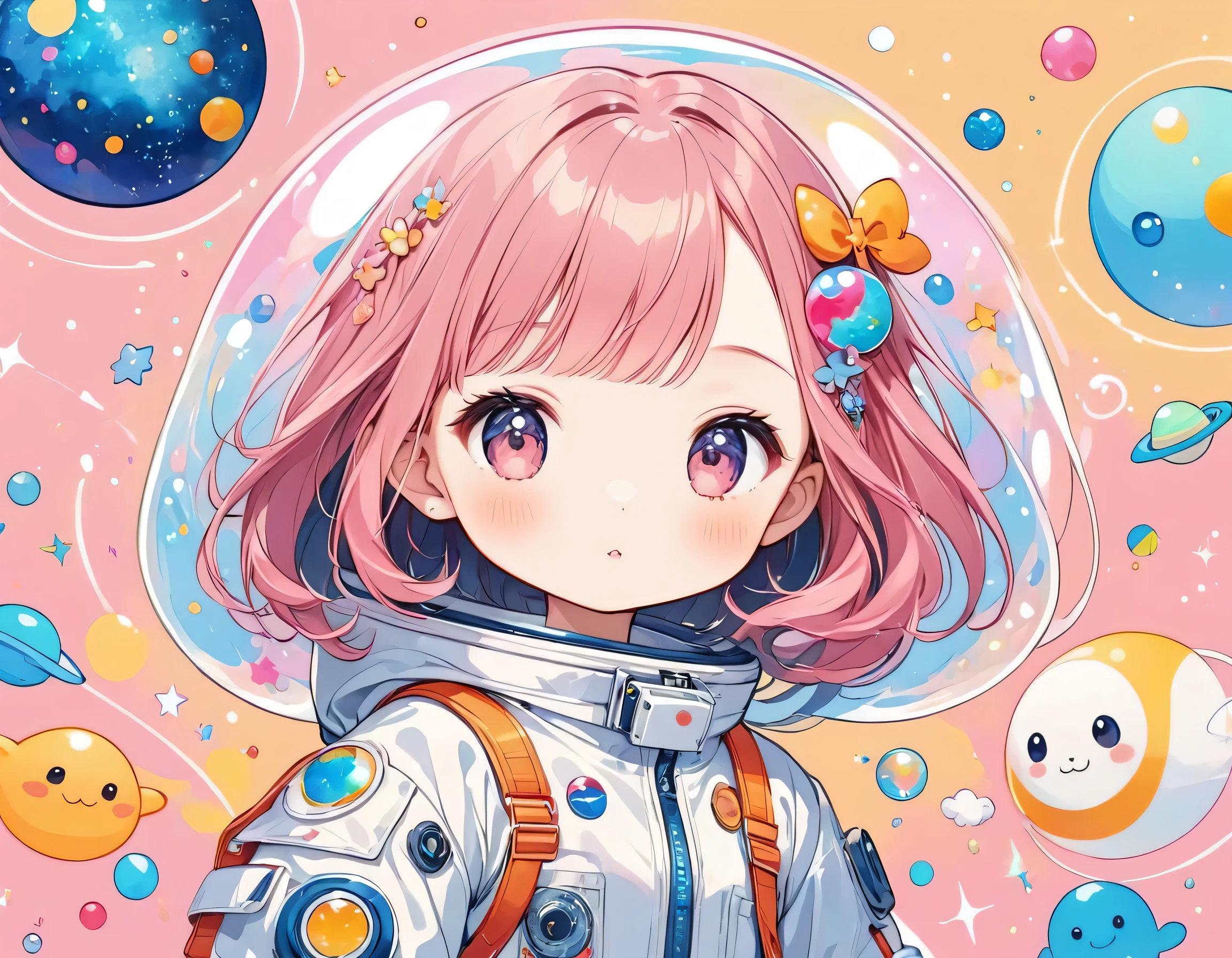 Momoko Sakura colorfull style, Simple Line Initialism,Abstract art, kawaii design, (((Dream World))), Spacesuit, (((Cute Aliens))), The background is space
