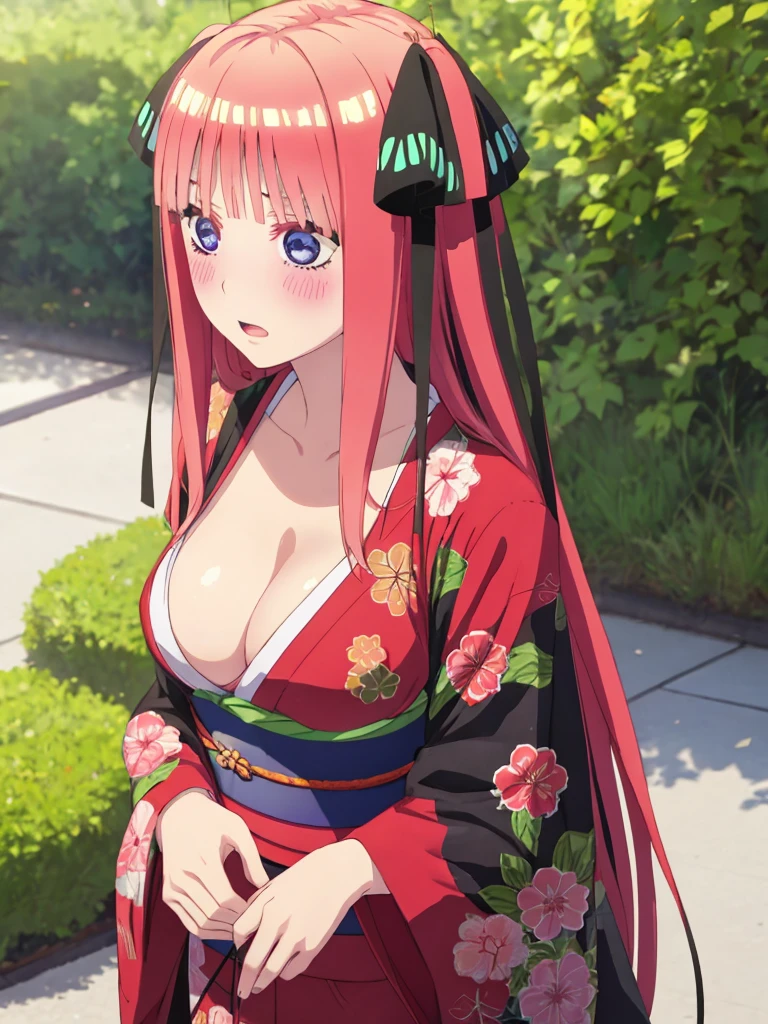 best quality, insanely detailed, nino nakano, kimono, breasts, blush, outdoor background