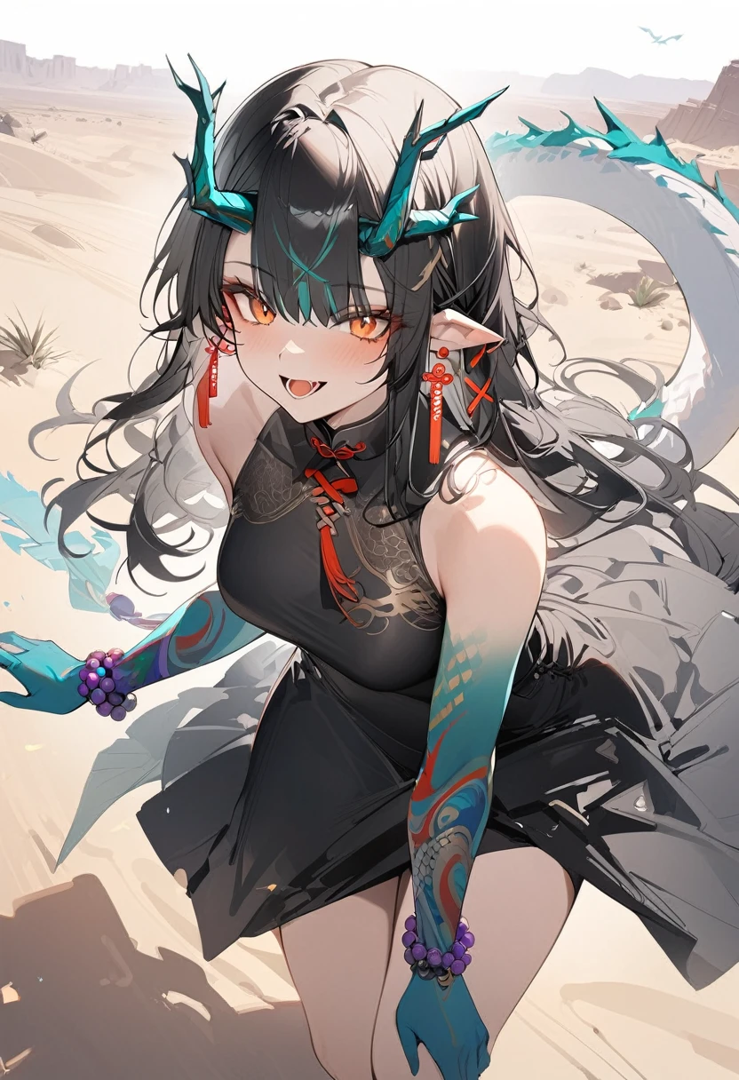 1girl, dusk \(arknights\), arknights,(masterpiece, best quality), newest, dress , original outfit , black hair, horns, agm, dragon tail , orange eyes, desert , happy , open mouth