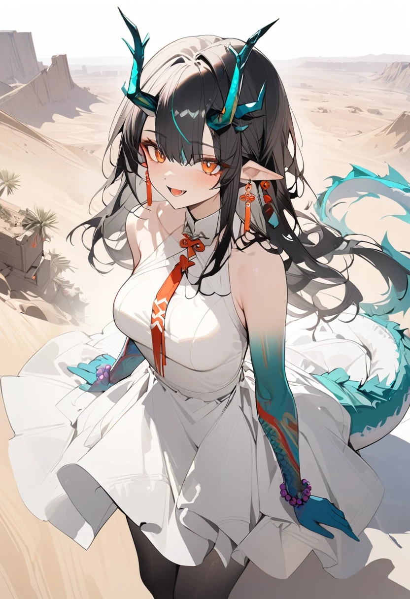1girl, dusk \(arknights\), arknights,(masterpiece, best quality), newest, dress , original outfit , black hair, horns, agm, dragon tail , orange eyes, desert , happy , open mouth