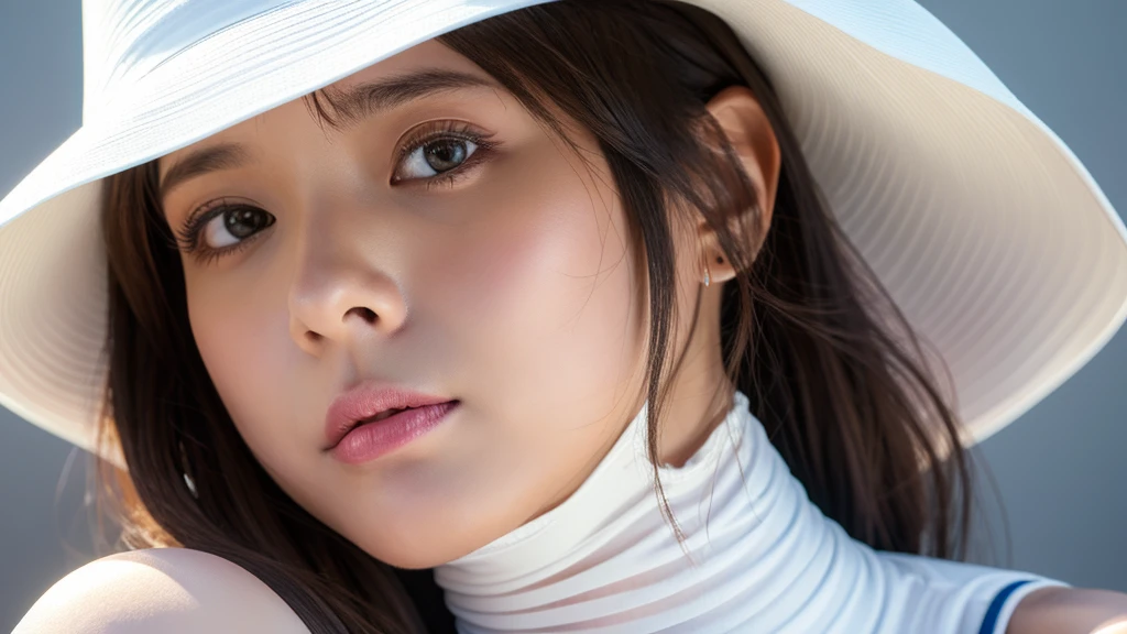 (Detailed face),vivid,White floppy hat,cute,Sleeveless and(turtleneck)White silky clothes,4K,Ultra-high resolution,（Photorealistic：1.7）,Gray background,Long Hair,