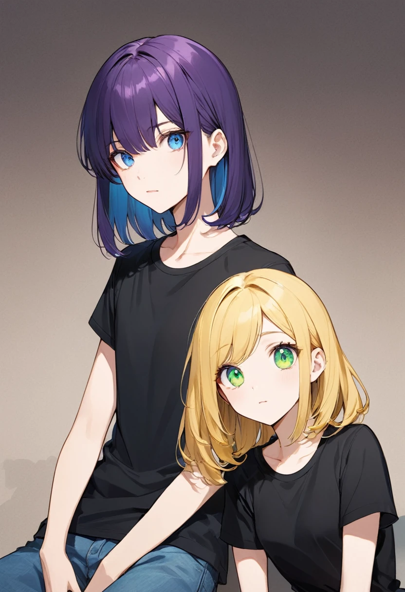 Pixar style. Two Girls。One of them has deep purple bob hair.、Has green eyes、Wearing a black T-shirt。. The other girl has long blonde hair and blue eyes.、And he's wearing a white T-shirt。,One Man。,Large body type、Muscular、Big dick。,Penetration Sex,Creampie Sex,Cums many times