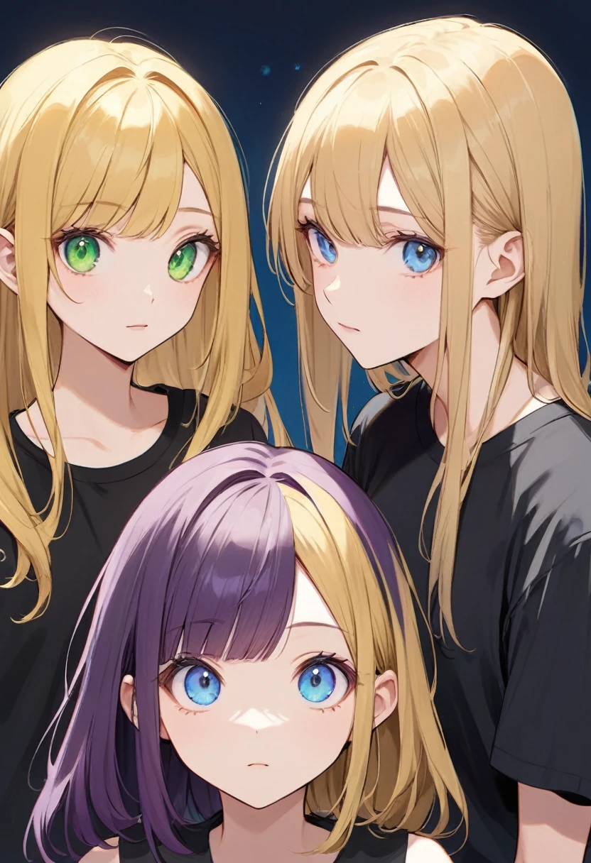 Pixar style. Two Girls。One of them has deep purple bob hair.、Has green eyes、Wearing a black T-shirt。. The other girl has long blonde hair and blue eyes.、And he's wearing a white T-shirt。,One Man。,Large body type、Muscular、Big dick。,Penetration Sex,Creampie Sex,Cums many times