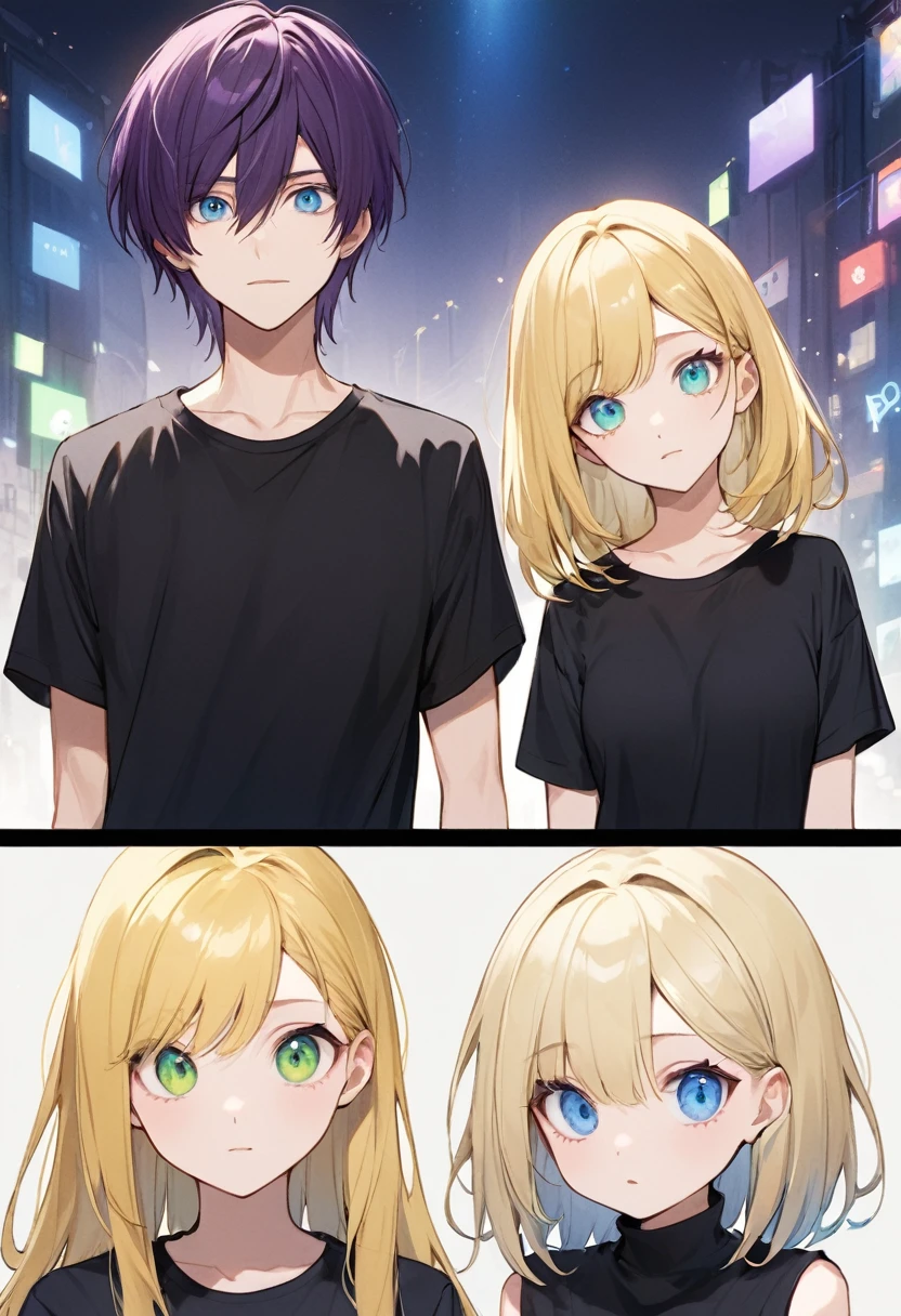 Pixar style. Two Girls。One of them has deep purple bob hair.、Has green eyes、Wearing a black T-shirt。. The other girl has long blonde hair and blue eyes.、And he's wearing a white T-shirt。,One Man。,Large body type、Muscular、Big dick。,Penetration Sex,Creampie Sex,Cums many times
