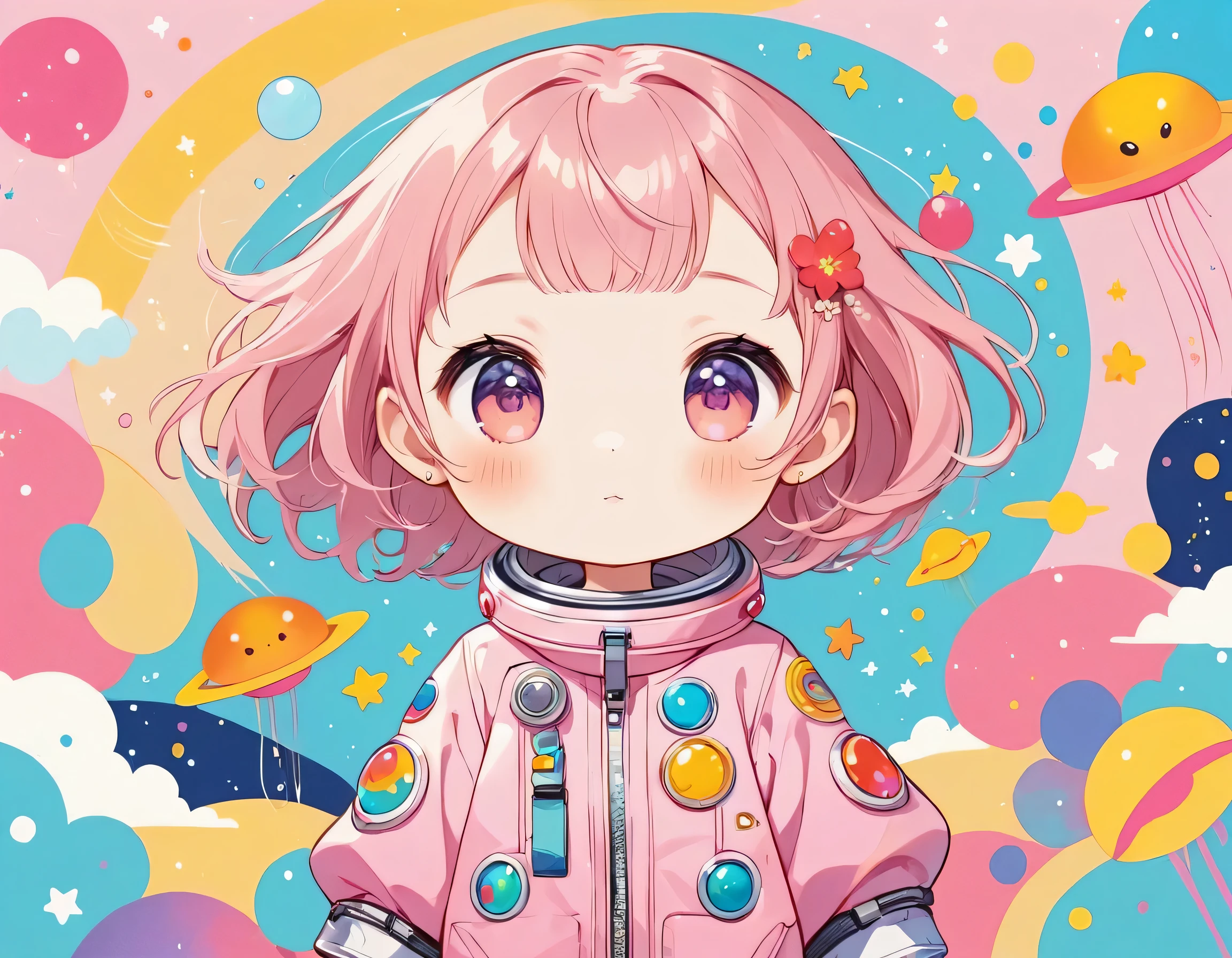 Momoko Sakura colorfull style, Simple Line Initialism，Abstract art,  kawaii design, (((Dream World))), Spacesuit, (((Cute Aliens))), The background is space