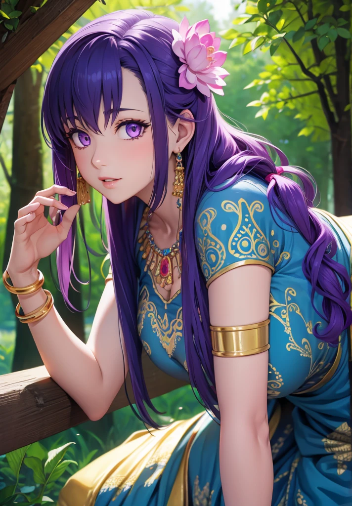 parvati, parvati, long hair, (purple eyes:1.1), purple hair,
BREAK bracelet, flower, hair flower, hair ornament, indian clothes, jewelry, necklace, side slit,
BREAK looking at viewer,
BREAK outdoors,
BREAK (masterpiece:1.2), best quality, high resolution, unity 8k wallpaper, (illustration:0.8), (beautiful detailed eyes:1.6), extremely detailed face, perfect lighting, extremely detailed CG, (perfect hands, perfect anatomy),