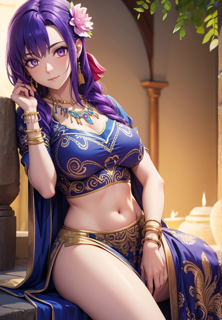 parvati, parvati, long hair, (purple eyes:1.1), purple hair,
BREAK bracelet, flower, hair flower, hair ornament, indian clothes, jewelry, necklace, side slit,
BREAK looking at viewer,
BREAK outdoors,
BREAK (masterpiece:1.2), best quality, high resolution, unity 8k wallpaper, (illustration:0.8), (beautiful detailed eyes:1.6), extremely detailed face, perfect lighting, extremely detailed CG, (perfect hands, perfect anatomy),