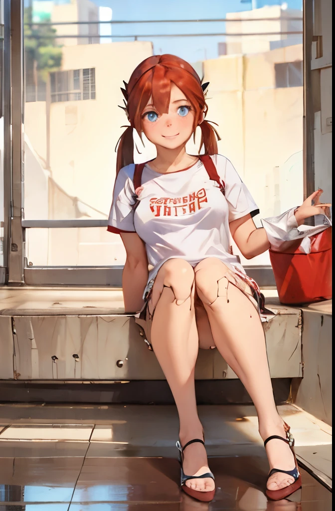 A Female mature robot loves herself. she wears nothing. Her Brown very short pigtails is tied with two big red clothespins, mature, android, blue eyes, full body, Height: 160cm, flushed cheeks, sweat bucket. full body shot, looking straight. Her smile is complete.show White pantie, Looking at the audience, kissing to the audience.