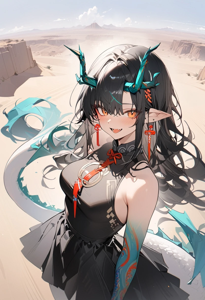 1girl, dusk \(arknights\), arknights,(masterpiece, best quality), newest, dress , original outfit , black hair, horns, agm, dragon tail , orange eyes, desert , happy , open mouth