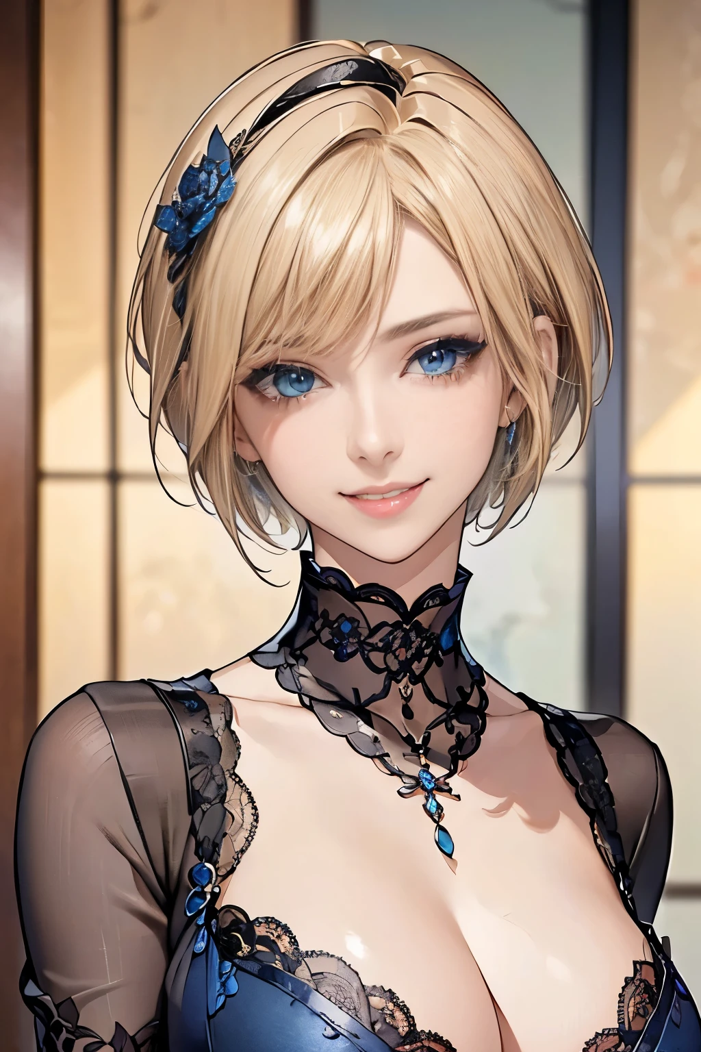 Blonde Short Hair, blue eyes, Tilt your head, Exquisite black lace 3-piece bra、An elaborate black lace choker、Shiny blue earrings、smile、kind