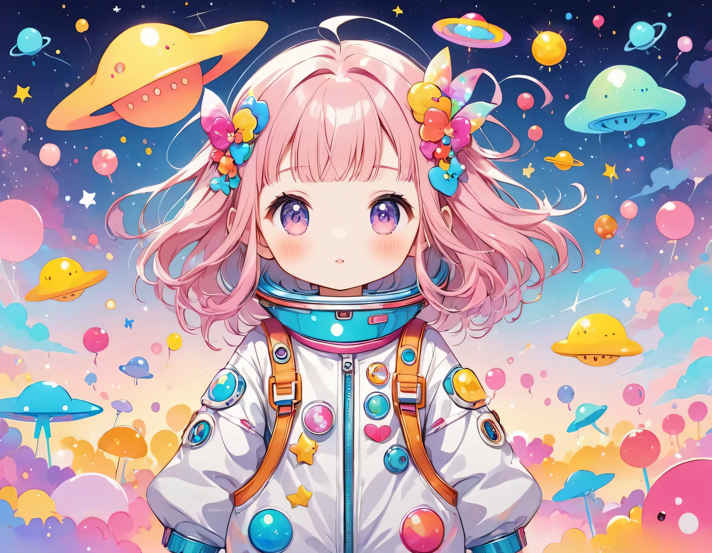 Momoko Sakura colorfull style, Simple Line Initialism，Abstract art,  kawaii design, (((Dream World))), Spacesuit, (((Cute Aliens))), The background is space