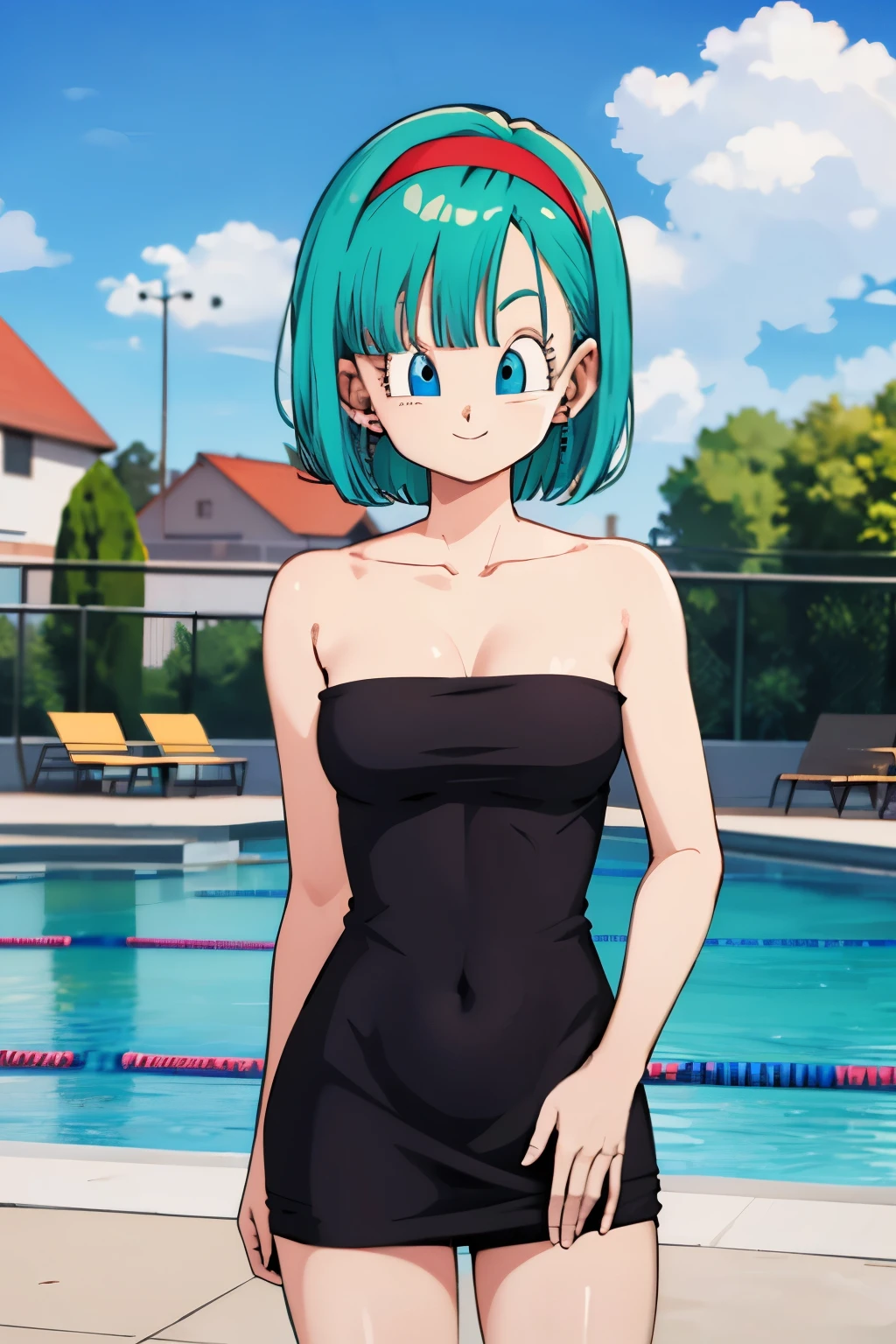 Highest quality, High resolution, smile, (Bulma Dragon Ball), 1 woman, chest, smile, Short (Aqua Hair: 1.3), Bobcut, blue eyes, Red Hairband, Little black dress, Strapless Dress, Exposing shoulders, bare collarbones, Thighs, Skin tight dress, View your viewers, standing, Open your mouth, outdoors, poolsaide