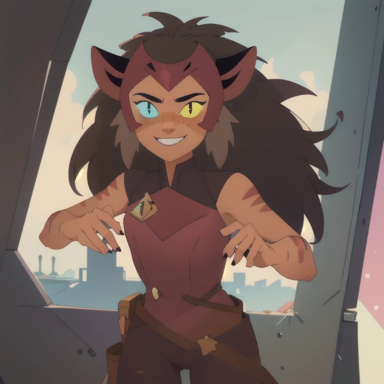 ((masterpiece,best quality)), absurdres, Catra_Shera, cat ears, heterochromia, solo, smiling, looking at viewer, cowboy shot, cinematic composition, dynamic pose