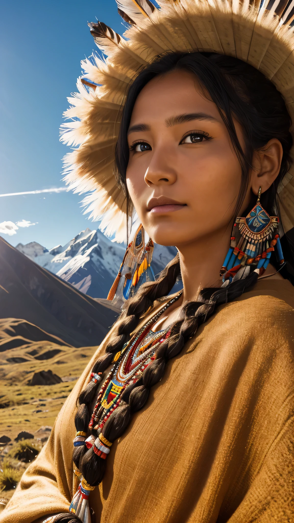 Highly detailed portrait of a very beautiful native american woman, evening sunshine, traditional dress, high resolution, hdr, close-up, andes mountain background,  