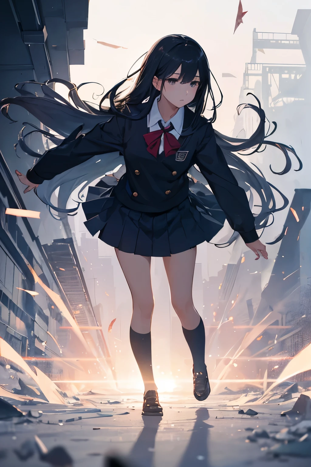 masterpiece, best quality, ultra detailed, 1girl, school uniforms, letters, lost love, cinematic shadows, abstract, vanishing points, gradient background, faded borders, incredibly absurd,