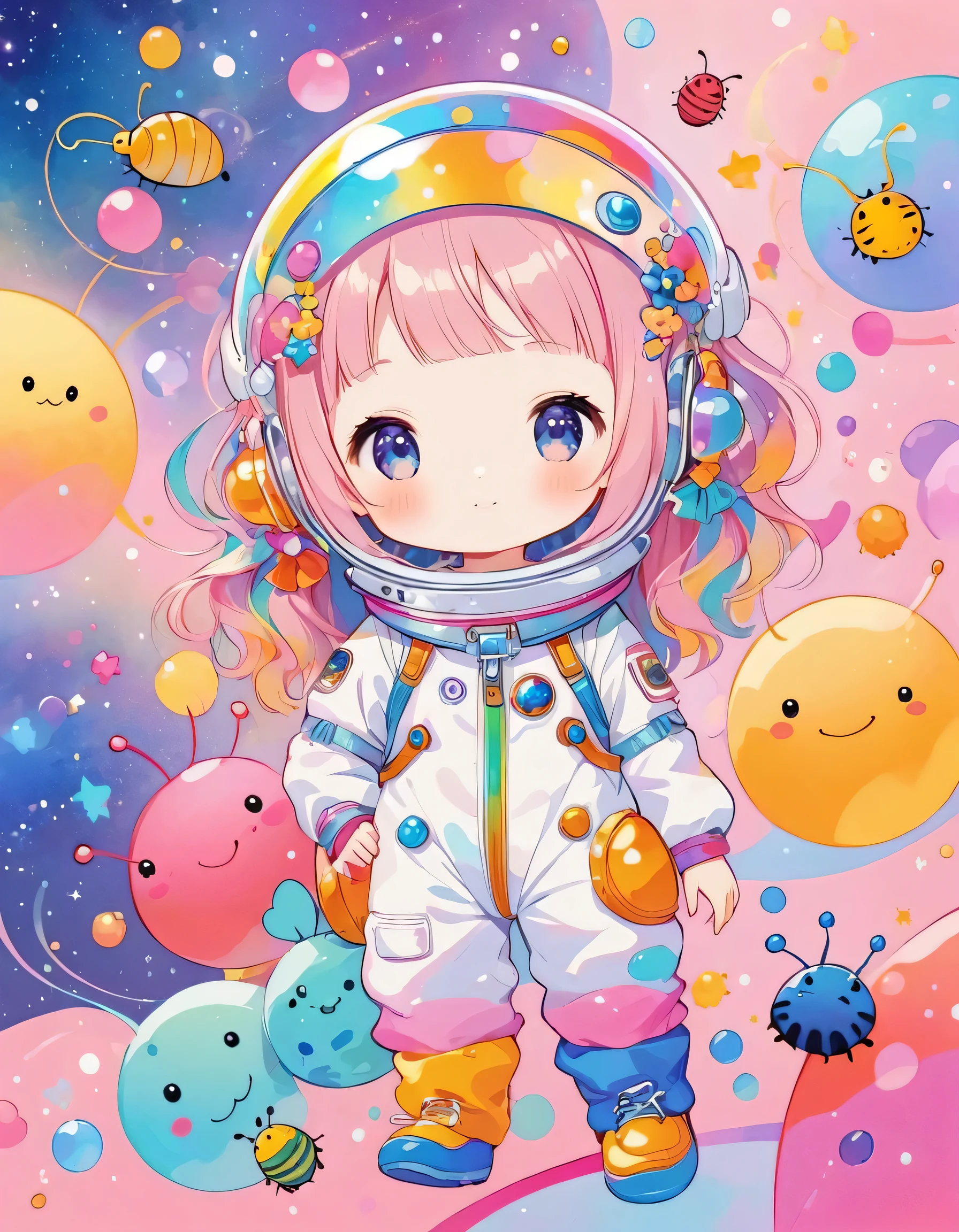 Momoko Sakura colorfull style, Simple Line Initialism，Abstract art,  kawaii design, (((Dream World))), Spacesuit, (((Cute pillbug))), The background is space