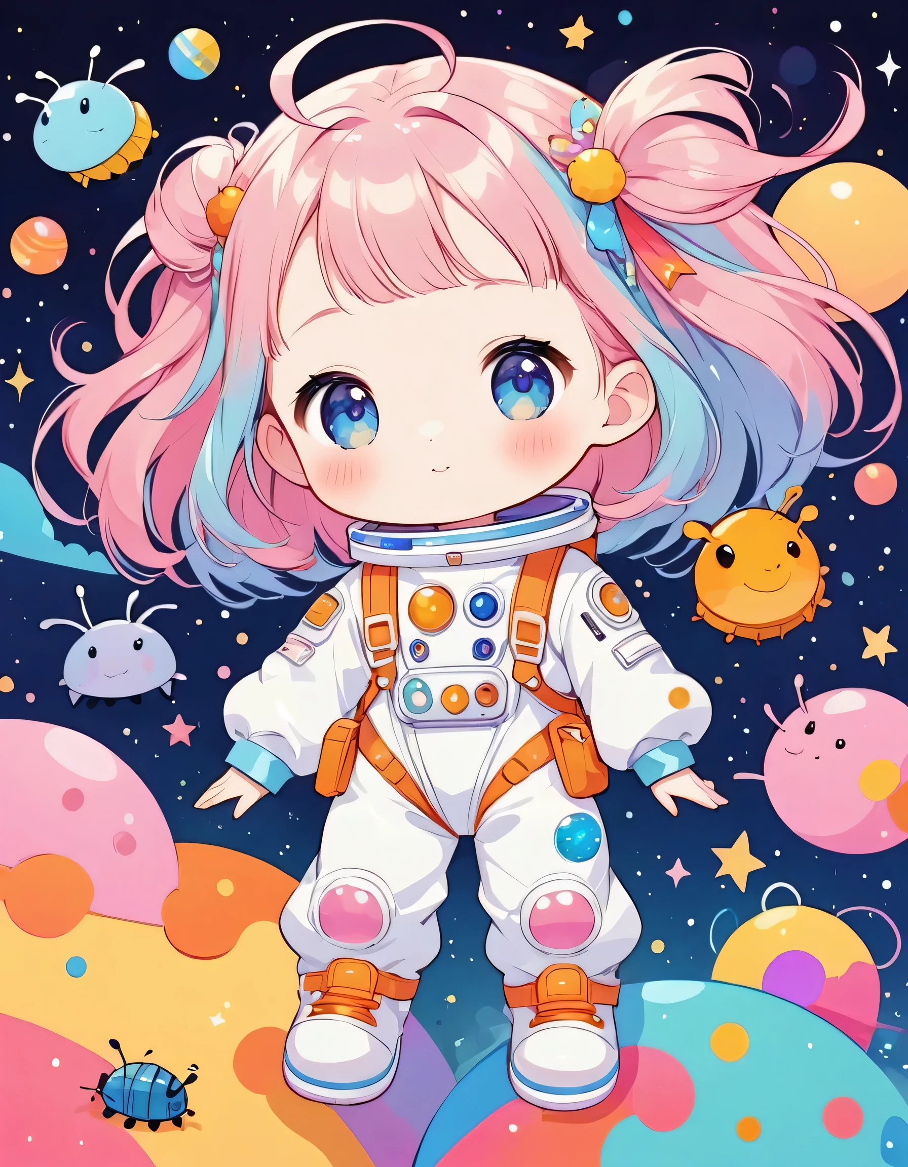 Momoko Sakura colorfull style, Simple Line Initialism,Abstract art, kawaii design, (((Dream World))), Spacesuit, (((Cute pillbug))), The background is space