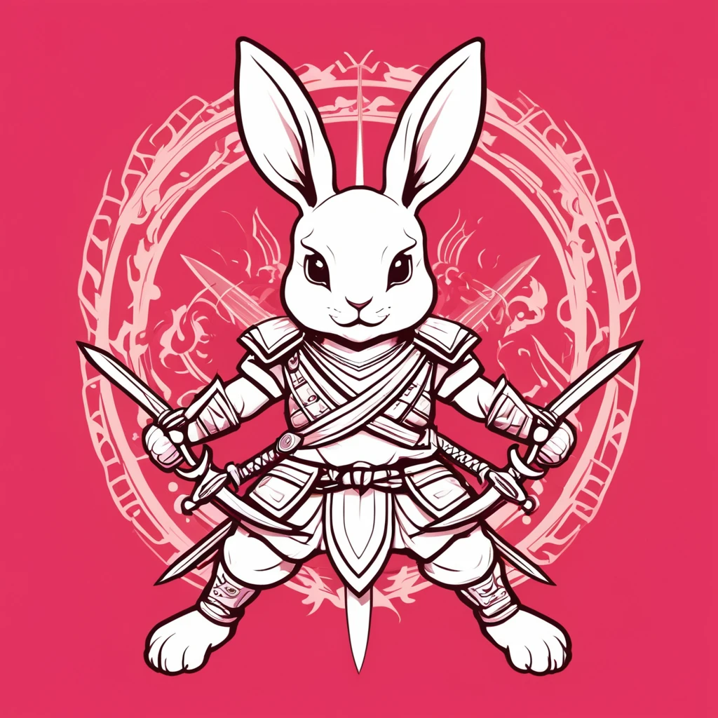 「strength『Scorpio Rabbit』のstrength章を作成してください。strength章には以下の要素が含まれることを希望します： - A rabbit base with a touch of scorpion element - (Cute deformed design:1.6) - Incorporating some elements of crossed swords and shields - Simple design - Red and pink tones in the background symbolize determination and unity in the fight」
