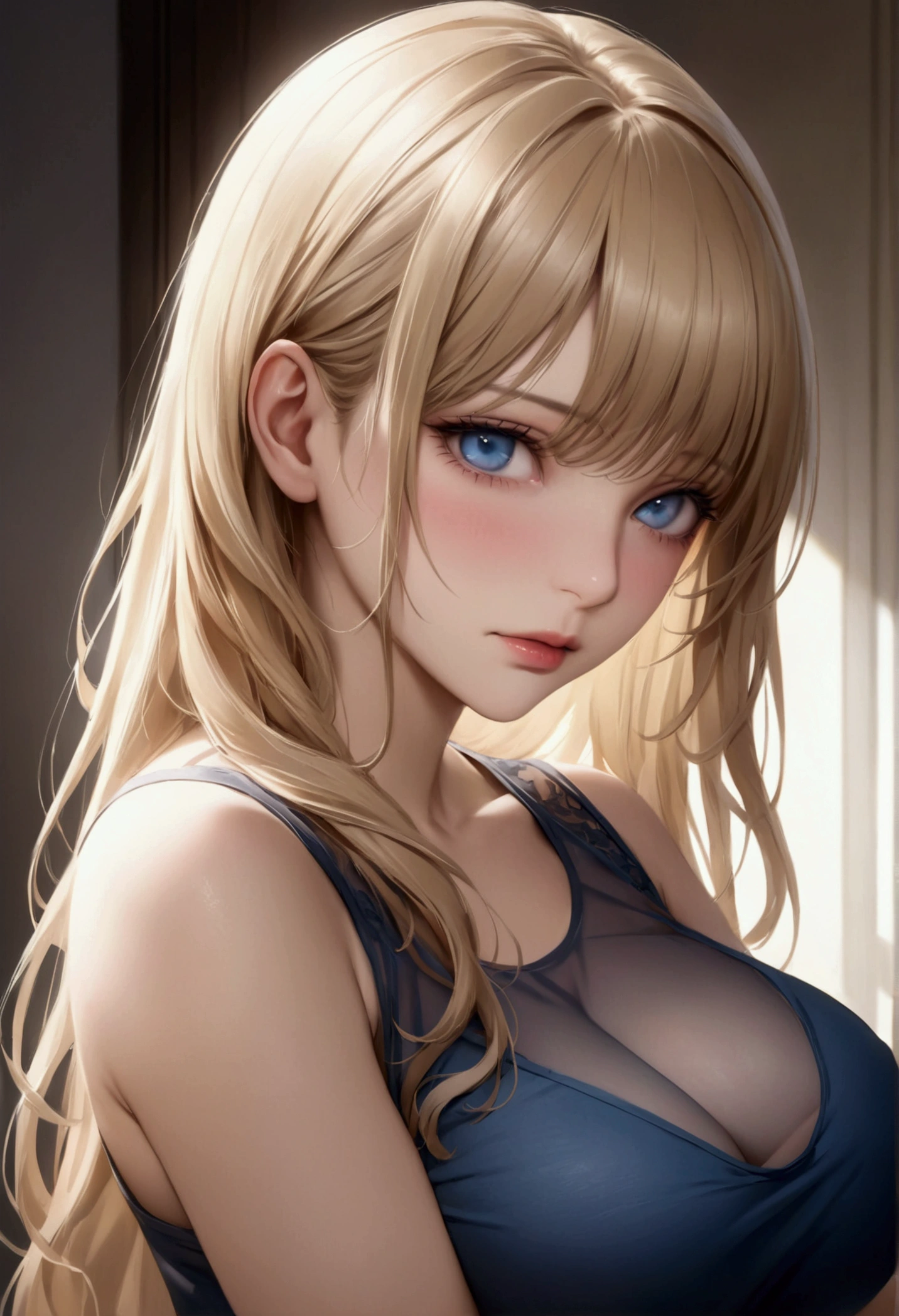 (Highest quality, High resolution, Realistic), Portraiture, Elegant mature woman, blue eyes, Long Hair, Side bangs, Blonde, See-through tank top, Large Breasts, Ultra-fine CG 8K, Beautiful CG, Soft Light。,Penetration Sex,Creampie Sex,Cums many times,