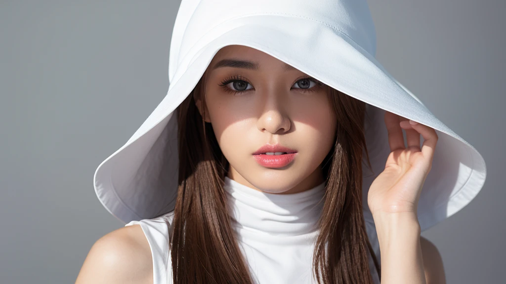 White floppy hat,(Detailed face),vivid,cute,Sleeveless and(turtleneck)White silky clothes,4K,Ultra-high resolution,(Photorealistic:1.7),Gray background,Long Hair,