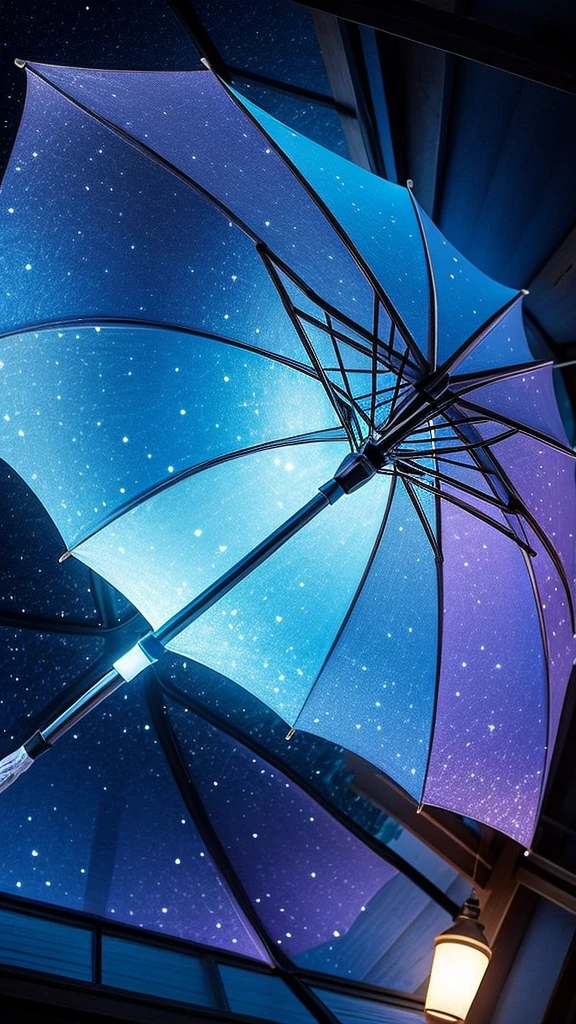 Under an umbrella with light coming from inside、The umbrella looks like the night sky