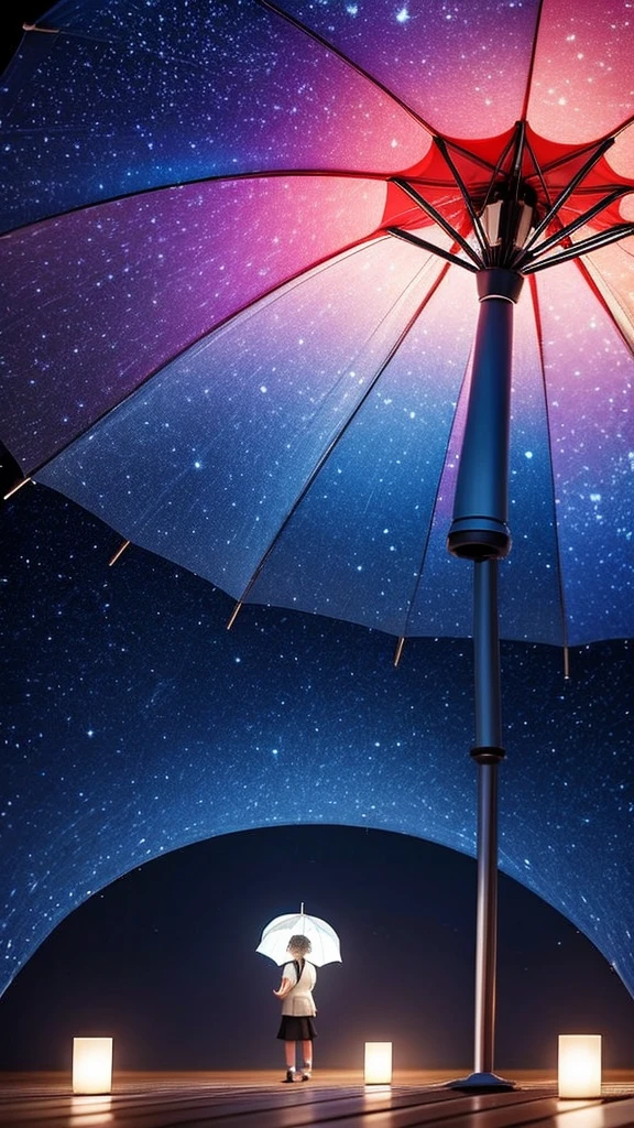 Under an umbrella with light coming from inside、The umbrella looks like the night sky