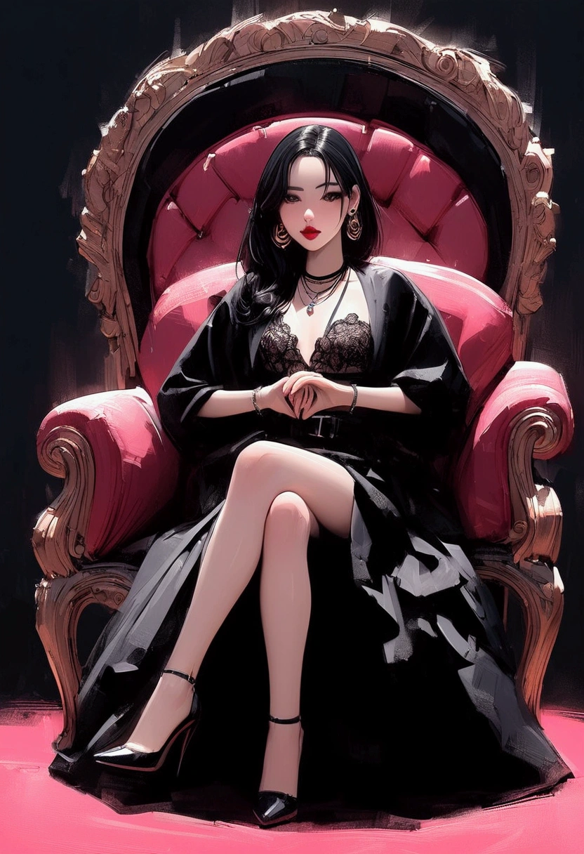 A beautiful character with small round transparent glasses, well made-up with red lipstick, brown eyes, short curly black hair, earrings, a necklace, a pink lace outfit, high heels, sitting in a. A flowery square chair in a beautiful place with an penis in your hands