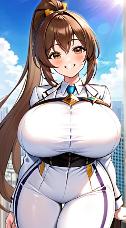 White suit,,Super Breasts,Bro,Long Ponytail,Smile