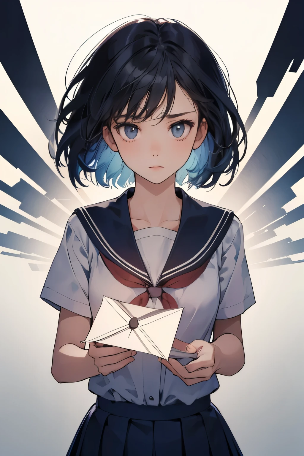 masterpiece, best quality, ultra detailed, 1girl, school uniforms, letters, lost love, cinematic shadows, abstract, vanishing points, gradient background, faded borders, incredibly absurd,