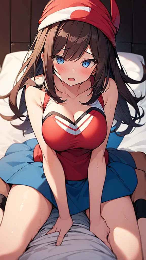 ((Girl having intense vaginal sex with man:1.3)), Anime One Girl, 22 years old, Pokemon Haruka,((May Pokemon :1.3)), red bandana, Brown Hair, short hair, Blue eyes, Big Breasts, Chest cleavage, Bounce, Thighs, indoor, 32K,Super detailed,Ultra-detailed, The perfect Mei, Red clothes,Navy blue leggings under a short white skirt, Mei's outfit, socks,  whole body, Lovey-dovey vaginal sex, {{A Pokemon trainer sees May passing by and has Metamon transform into an adult May and engage in intense vaginal sex with her.}}, Intense piston movement between a man&#39;s legs, NSFW