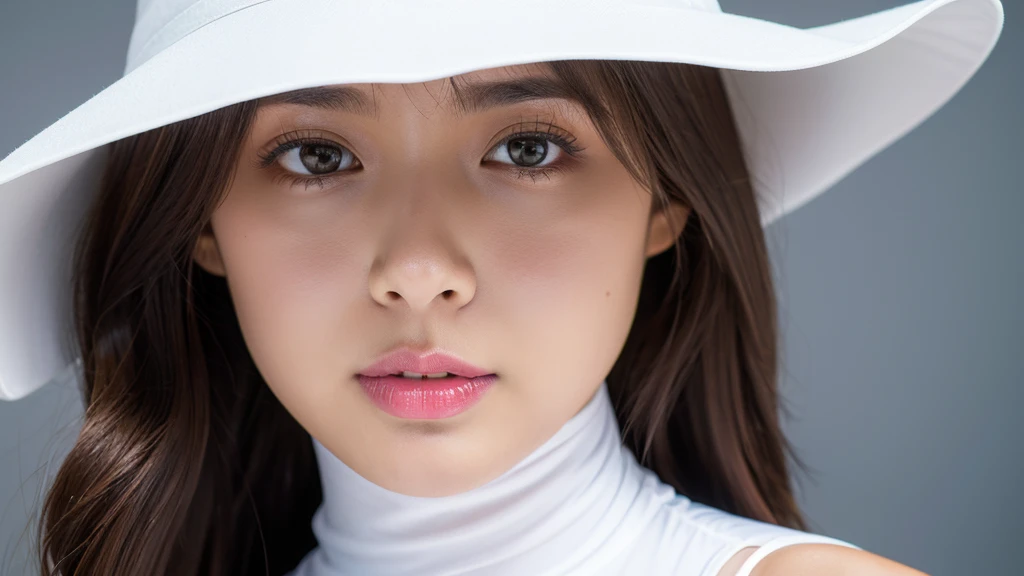 White floppy hat,(Detailed face),vivid,cute,Sleeveless and(turtleneck)White silky clothes,4K,Ultra-high resolution,(Photorealistic:1.7),Gray background,Long Hair,