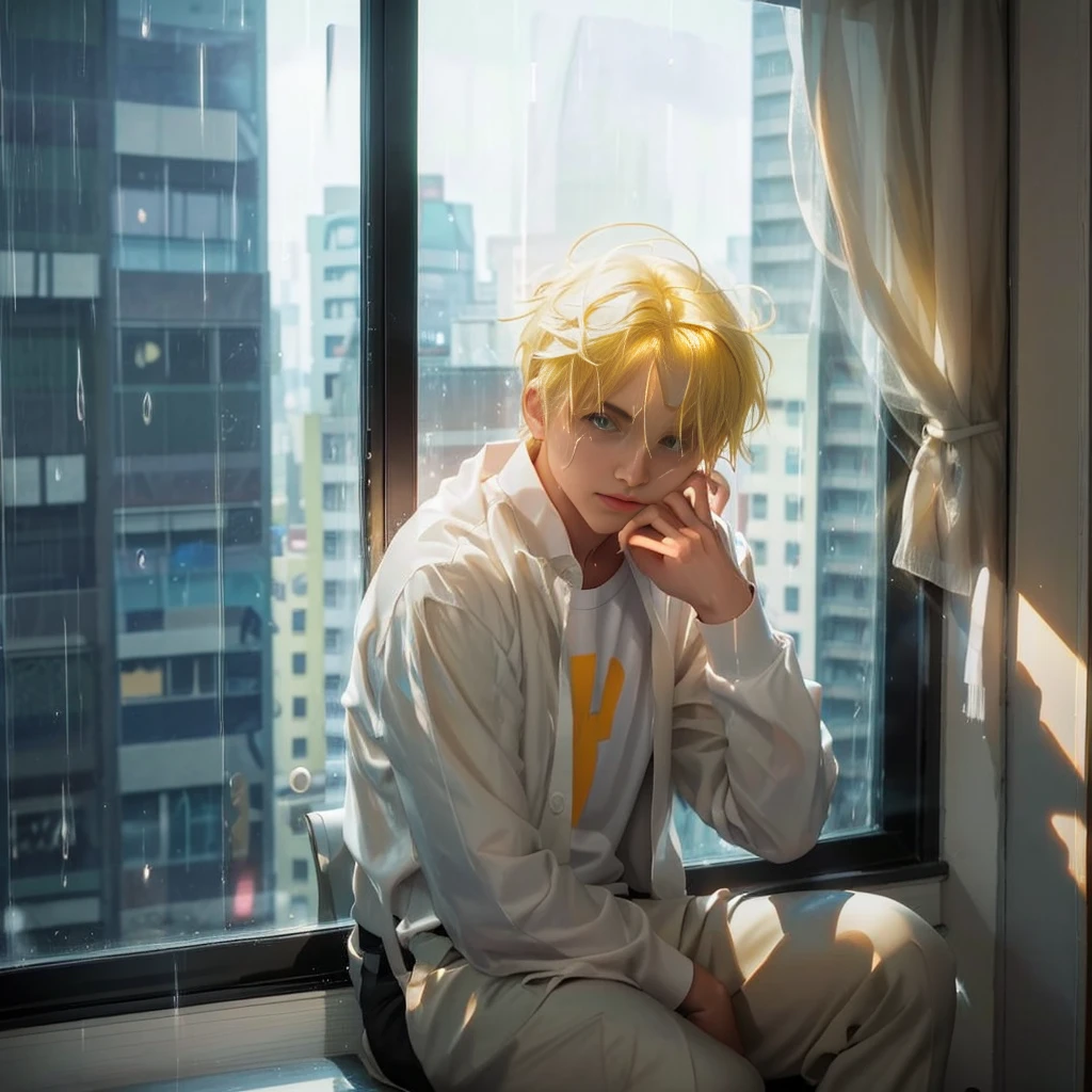 A 20-year-old man is sitting in front of the window, facing the tears in front of the window, the rain on the window, the halo on his head, and the yellow hair is sad