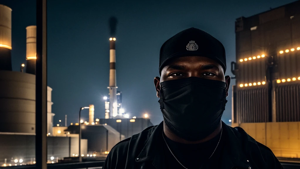 ((best quality)), ((masterpiece)), (detailed), a security guard wearing gray and black patrolling a massive power plant at night to keep it safe he has a black Box covering his face so the people that look at the photo can't see his face and see his identity because the security company is so Secret