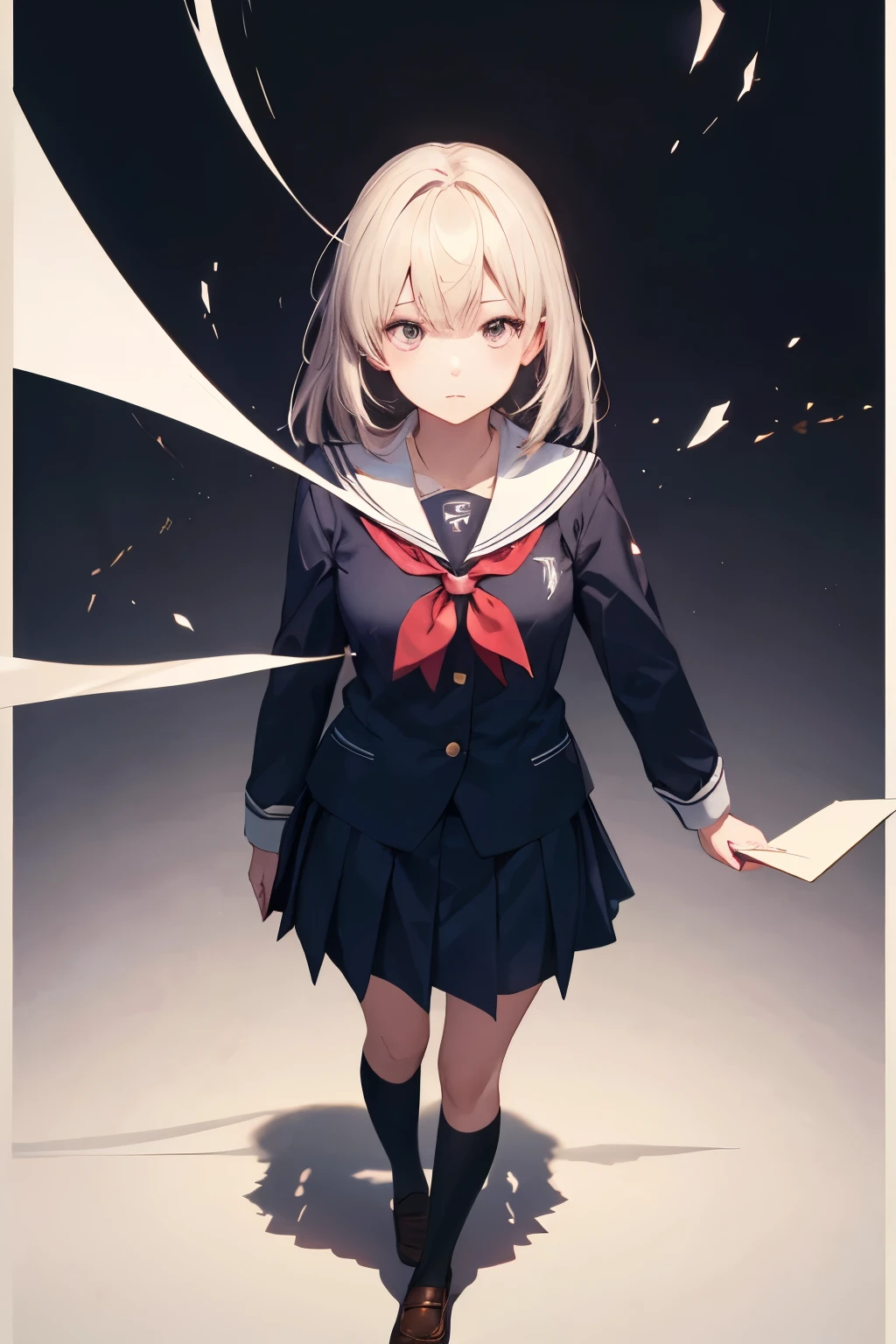 masterpiece, best quality, ultra detailed, 1girl, school uniforms, letters, lost love, cinematic shadows, abstract, vanishing points, gradient background, faded borders, incredibly absurd,