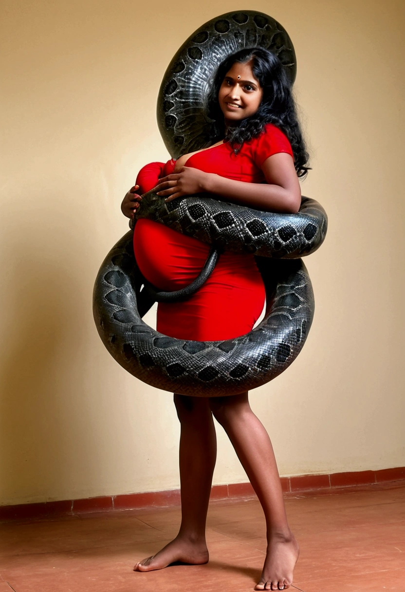 Pregnant Happy Horny, aroused 1girl), beautiful indian young teen girl wearing red thong with giant colossal black titanboa monster squeezing her hard, wrapped in thick spiraling coils, constricted, struggle, gasping for air, snake attack, snake peril,