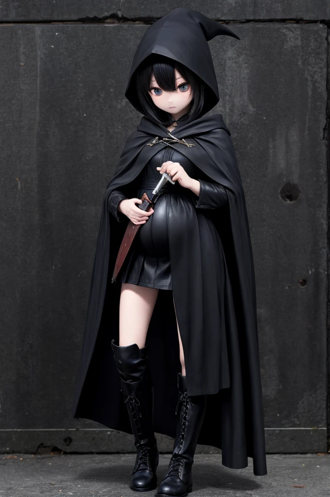 Woman wearing a black cloak、Pregnant Thief、Holding a knife、Black Leather Boots、leather armor