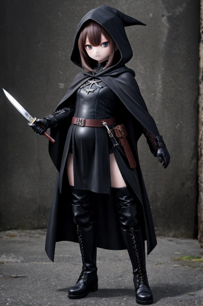 Woman wearing a black cloak、Pregnant Thief、Holding a knife、Black Leather Boots、leather armor