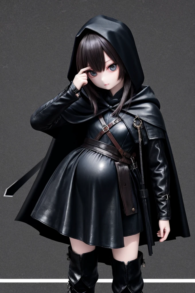 Woman wearing a black cloak、Pregnant Thief、Holding a knife、Black Leather Boots、leather armor