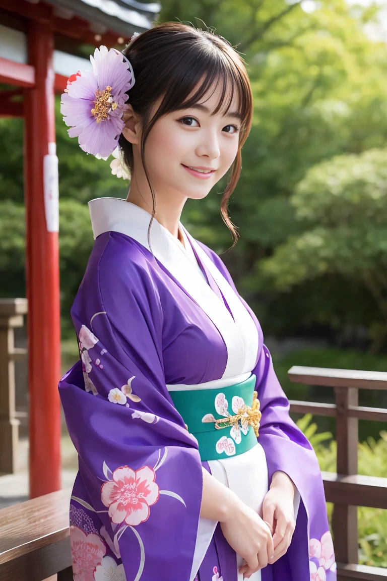（Highest quality、In 8K、Delicate illustrations）Beautiful Japanese Shrine Maiden,kimono,Purple,Upper body only,A kind smile,cute,cute