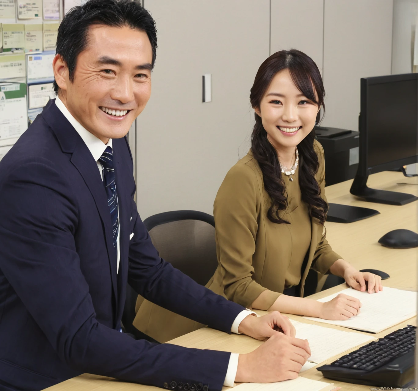 They are two people in the room, one is a woman and the other is a man, in the office, high definition, Ikuo Hirayama, Yoshitomo Nara, on the desk, Tadashi Nakayama, smiling, beautiful face,