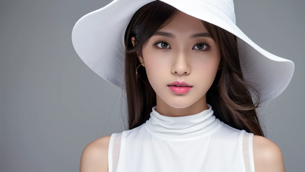 White floppy hat,(Detailed face),vivid,cute,Sleeveless and(turtleneck)White silky clothes,4K,Ultra-high resolution,(Photorealistic:1.7),Gray background,Long, curly black hair,