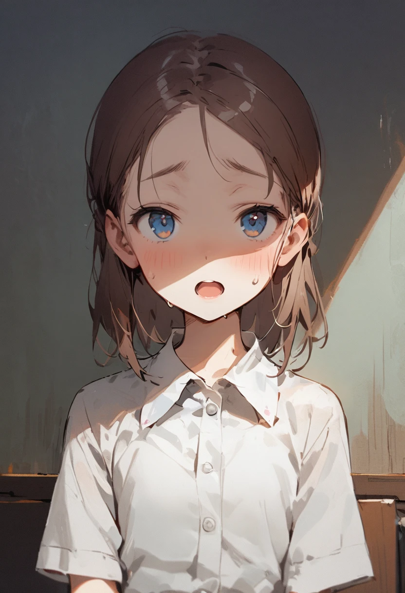 alone、head shot、Open your mouth、Face close-up、primary school、School building、In the classroom、Light clothing、girl、girl、short、young、Lower school year、Baby Face、Both eyes are open、Flat Chest、Glare、Sweat
